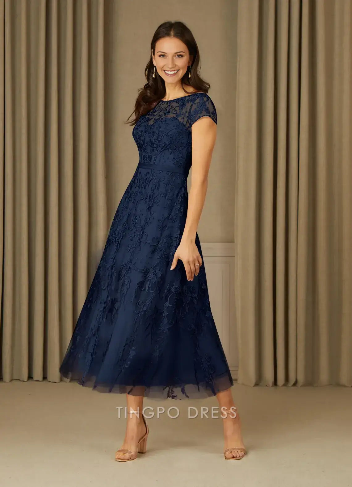 TingPo Wholesale Elegant Mother of the Bride Dresses Dark Navy A-Line Scoop Lace Tulle Dress Dress hot sale for ladies